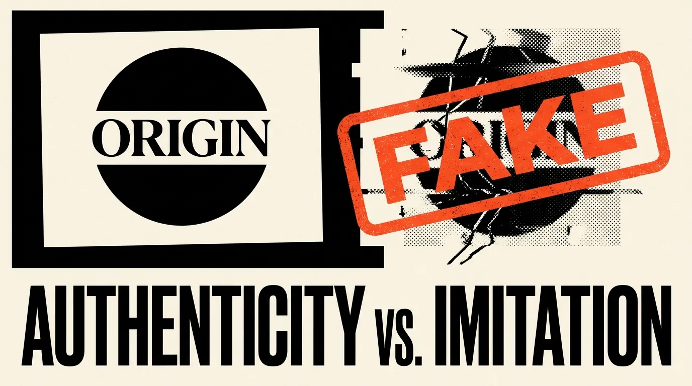 Falsemark authentic brand mark versus a fake imitation stamped FAKE